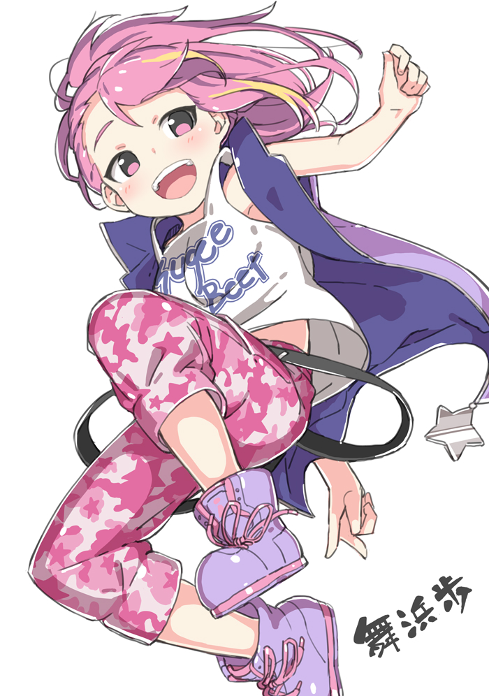 1girl ankle_boots asymmetrical_bangs bare_arms belt black_belt blush boots breakdance breasts character_name dancing dot_nose feet_out_of_frame forehead full_body high_ponytail idolmaster idolmaster_million_live! idolmaster_million_live!_theater_days jacket kuresuku_(lessons) loose_belt maihama_ayumu medium_breasts multicolored_hair open_clothes open_jacket pants pink_eyes pink_hair pink_pants shirt sideways_glance simple_background smile solo teeth two-tone_hair upper_teeth_only white_background white_shirt