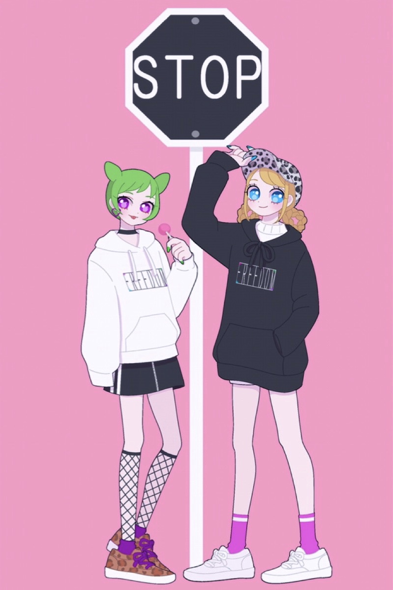 2girls arm_up baseball_cap black_hoodie black_skirt blonde_hair blue_eyes candy cone_hair_bun double_bun fishnet_socks fishnets food fukuhara_ann full_body green_hair hair_bun hand_in_pocket hand_on_headwear hand_up hat holding holding_candy holding_food holding_lollipop hood hood_down hoodie lollipop long_sleeves looking_at_viewer morizono_wakana multiple_girls nail_polish nyaasechan open_mouth pink_background pretty_rhythm pretty_rhythm_rainbow_live pretty_series road_sign shoes short_hair sign skirt sleeves_past_fingers sleeves_past_wrists smile sneakers socks standing stop_sign violet_eyes white_footwear white_hoodie