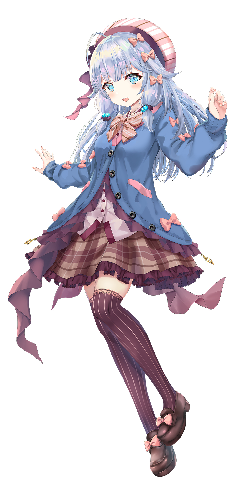 1girl :d ahoge beret blue_cardigan blue_eyes blue_hair blush bow brown_footwear brown_skirt cardigan charlotte_suzu dot_nose fangs fingernails footwear_bow frilled_skirt frills hair_bow hat highres loafers long_sleeves official_art open_mouth orange_nails pink_bow pink_shirt plaid plaid_skirt production_kawaii purple_thighhighs shirt shoes short_twintails skirt smile solo striped_bow striped_clothes striped_headwear striped_thighhighs teeth thigh-highs tongue torino_aqua transparent_background twintails vertical-striped_clothes vertical-striped_headwear vertical-striped_thighhighs virtual_youtuber