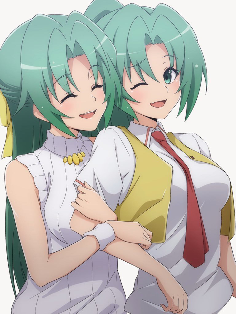 2girls ;d ^_^ arm_hug between_breasts breasts closed_eyes commentary_request eyelashes fang green_eyes green_hair hair_ribbon half_updo happy higurashi_no_naku_koro_ni large_breasts long_hair multiple_girls necktie necktie_between_breasts nishizuki_shino one_eye_closed open_clothes open_mouth open_vest parted_bangs ponytail red_necktie ribbed_shirt ribbon shirt short_sleeves siblings simple_background sisters skin_fang sleeveless sleeveless_shirt smile sonozaki_mion sonozaki_shion straight_hair turtleneck twins upper_body very_long_hair vest white_background white_shirt white_wrist_cuffs wrist_cuffs yellow_ribbon yellow_vest