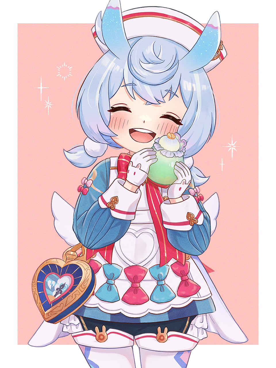 1girl ^_^ animal_ears apron aqua_bow blue_dress blue_hair blush bow bowtie closed_eyes crossed_bangs cup dress dress_bow fake_wings food frilled_apron frills genshin_impact gloves gold_trim hat head_tilt heart highres holding holding_cup ice_cream ice_cream_float long_sleeves low_twintails low_wings medium_hair nami_harakamiaka nurse_cap open_mouth outside_border pink_background pink_bow puffy_long_sleeves puffy_sleeves rabbit_ears red_bow red_bowtie short_twintails sigewinne_(genshin_impact) sleeve_cuffs smile sparks teeth thigh-highs twintails two-tone_background upper_teeth_only white_apron white_background white_gloves white_thighhighs wings