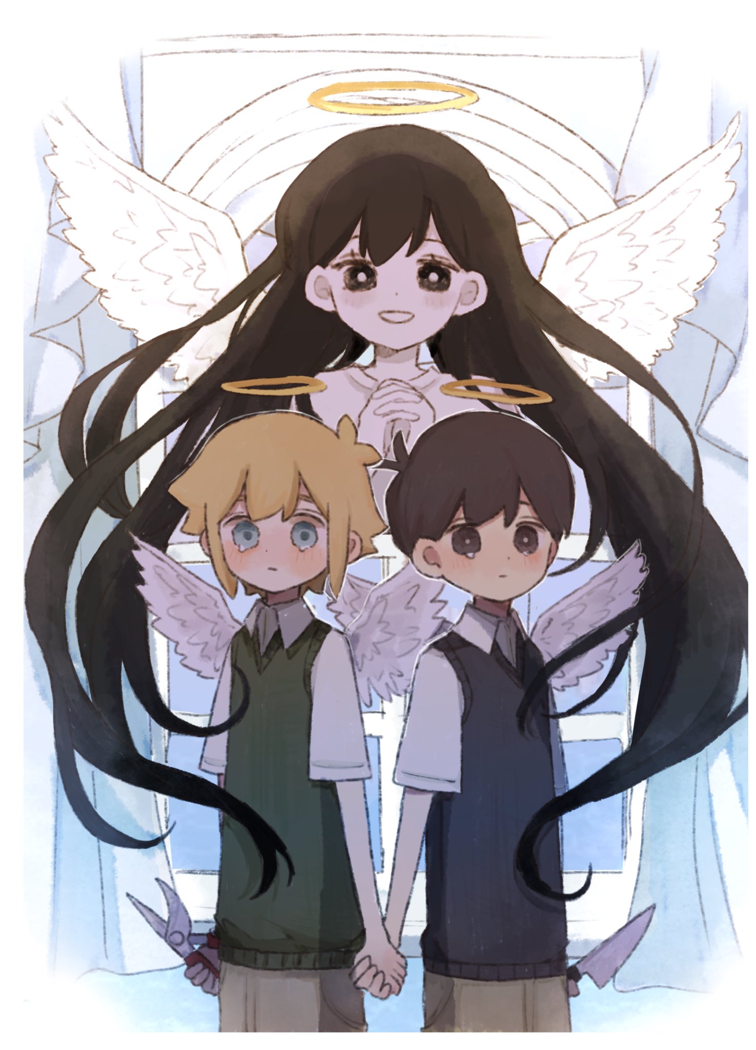 1girl 2boys angel_wings basil_(faraway)_(omori) basil_(omori) black_eyes black_hair blonde_hair blue_eyes crying crying_with_eyes_open green_sweater_vest halo highres holding holding_knife knife long_hair mari_(faraway)_(omori) mari_(omori) mugi062 multiple_boys omori open_mouth short_hair smile spoilers sunny_(omori) sweater_vest tears wings