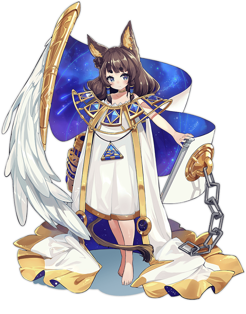 1girl animal_ear_fluff animal_ears ankh ark_order barefoot blue_eyes brown_hair cane cape chain choker constellation_print dress ear_piercing eye_of_horus feathered_wings feathers fox_ears full_body gold_trim hair_tubes jewelry lion_tail long_hair looking_at_viewer mao_ren_tv_xiao_z official_art piercing pillar short_eyebrows sidelocks single_wing solo sphinx_(ark_order) tachi-e tail transparent_background two-sided_cape two-sided_fabric white_cape white_dress white_feathers white_wings wings