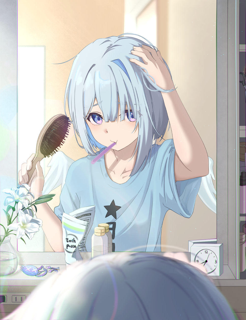 1girl amane_kanata analog_clock angel angel_wings asymmetrical_hair axolotl blue_hair blue_shirt blurry blurry_foreground bob_cut bottle brushing_hair casyu_nut charm_(object) clock collarbone commentary depth_of_field electrical_outlet feathered_wings flower hair_brush hair_ornament hair_over_one_eye hairclip hairdressing highres holding holding_hair_brush hololive lily_(flower) looking_at_reflection looking_at_self medicine_cabinet messy_hair mini_wings mirror mouth_hold multicolored_hair pink_hair pp_tenshi_t-shirt raised_eyebrows reflection shelf shirt short_hair short_sleeves single_hair_intake solo streaked_hair t-shirt toothbrush toothbrush_in_mouth toothpaste violet_eyes white_flower white_wings wings x_x
