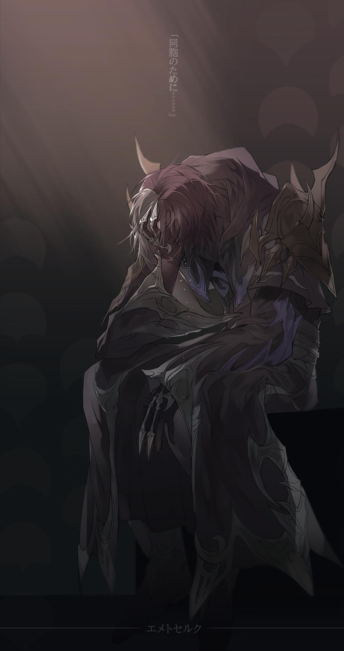 1boy brown_gloves brown_hair cloak covered_face crying emet-selch final_fantasy final_fantasy_xiv gloves hand_on_own_face highres male_focus mask multicolored_hair shoulder_spikes sitting solo spikes streaked_hair tladpwl03 white_hair