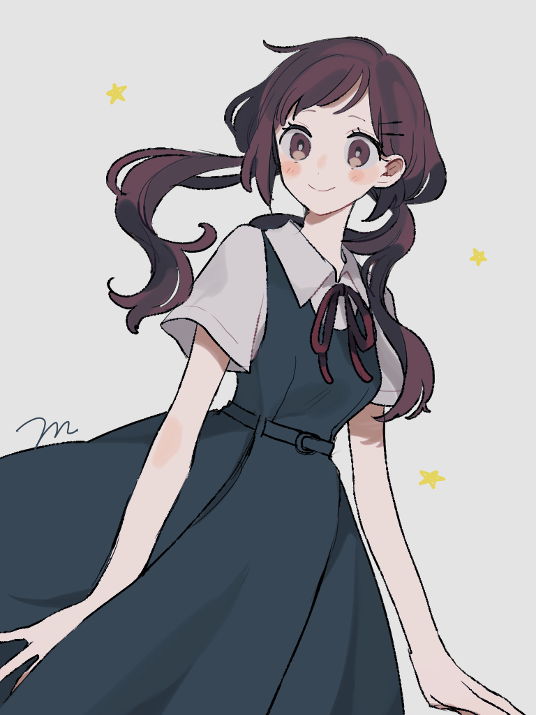 1girl blue_dress blush brown_eyes brown_hair closed_mouth collared_shirt dress hair_ornament hairclip long_hair looking_at_viewer low_twintails maco22 neck_ribbon original pinafore_dress red_ribbon ribbon school_uniform shirt short_sleeves signature simple_background sleeveless sleeveless_dress smile solo star_(symbol) twintails white_background white_shirt