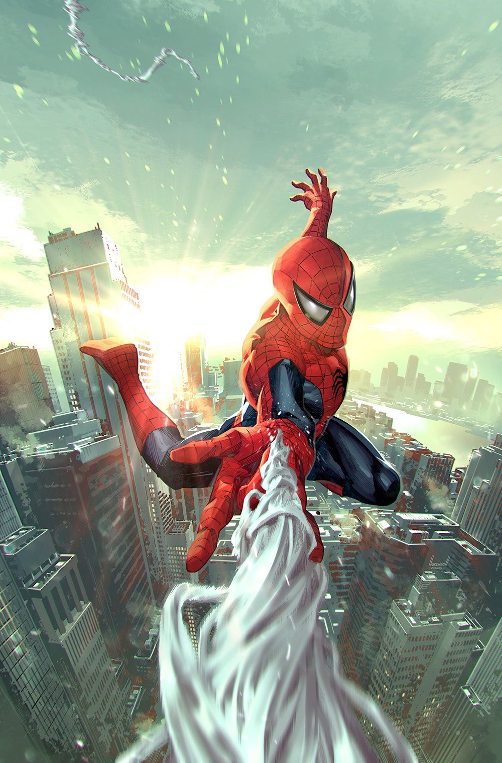 1boy \m/ airborne bodysuit clouds comic_cover cover_image english_commentary full_body highres kael_ngu male_focus marvel mask new_york official_art open_hand red_bodysuit sky solo spider-man spider-man_(series) superhero_costume western_comics_(style)
