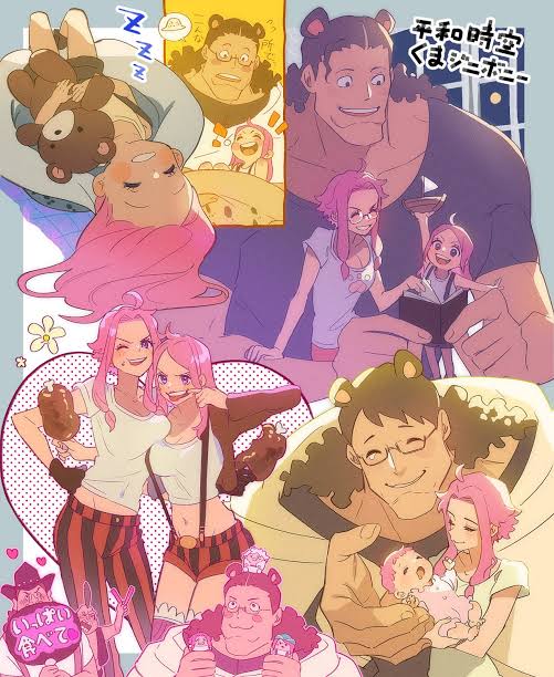 2girls baby bartholomew_kuma bear_ears collage father_and_daughter food gear_fifth ginny_(one_piece) glasses happy jewelry_bonney long_hair meat mother_and_daughter multiple_boys multiple_girls one_eye_closed one_piece pink_hair sleeping smile teddy_bear what_if wink