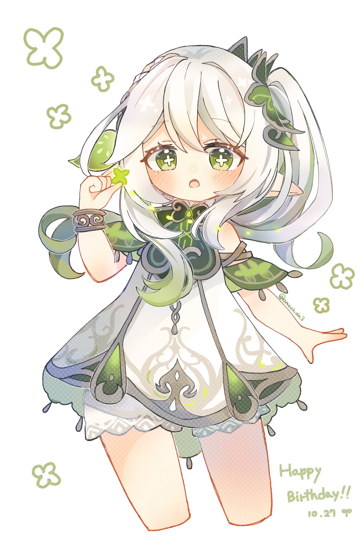 1girl :o bloomers blush bracelet braid cape commentary_request cropped_legs cross-shaped_pupils dated detached_sleeves dress eyelashes floating_hair genshin_impact gold_trim gradient_hair green_cape green_dress green_eyes green_hair green_sleeves hair_between_eyes hair_ornament hand_up happy_birthday highres jewelry leaf_hair_ornament long_hair looking_at_viewer mochida multicolored_hair nahida_(genshin_impact) open_mouth pointy_ears ponytail short_sleeves side_ponytail sidelocks simple_background single_braid sleeveless sleeveless_dress solo streaked_hair symbol-shaped_pupils white_background white_bloomers white_dress white_hair