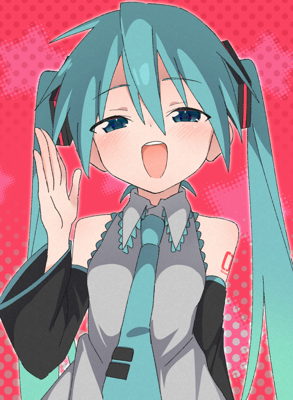 1girl blue_eyes blue_hair blush collared_shirt detached_sleeves dress hair_ornament hand_up hatsune_miku highres long_hair long_sleeves looking_at_viewer necktie open_mouth pink_background sechin shirt sleeveless sleeveless_dress smile solo twintails vocaloid
