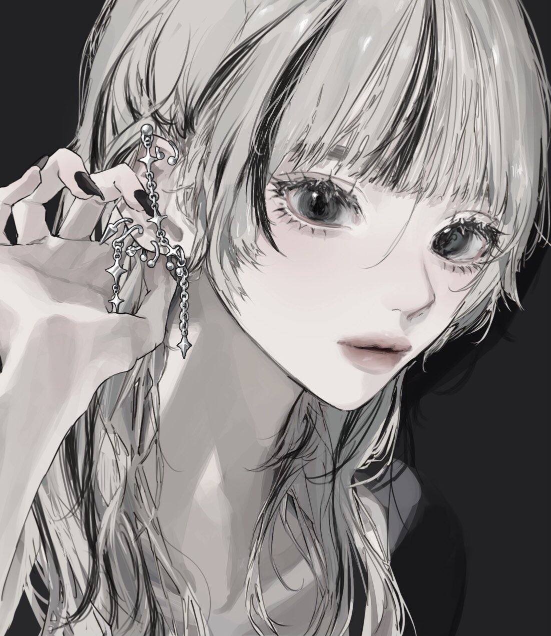 1girl black_nails chain_earrings ear_piercing earrings grey_background grey_eyes grey_hair hand_on_own_ear hand_up highres jewelry kirochy long_hair looking_at_viewer multicolored_hair nail_polish original piercing portrait simple_background solo streaked_hair