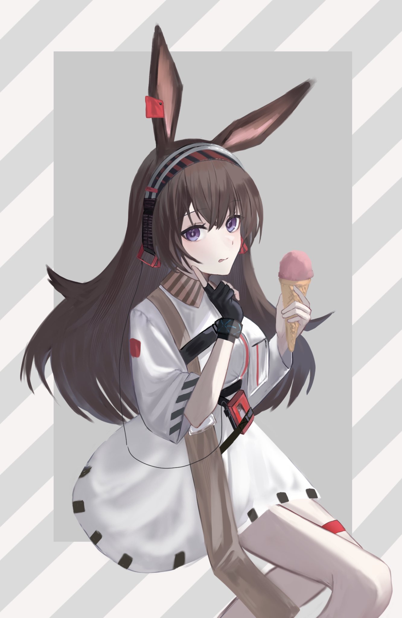 1girl animal_ears april_(arknights) arknights black_gloves breasts brown_hair closed_mouth commentary_request dress feet_out_of_frame fingerless_gloves food gloves grey_background hair_between_eyes hands_up highres holding holding_food ice_cream ice_cream_cone long_hair medium_breasts rabbit_ears short_sleeves shouga_chahan single_glove sitting solo striped_background tongue tongue_out very_long_hair violet_eyes white_dress wide_sleeves