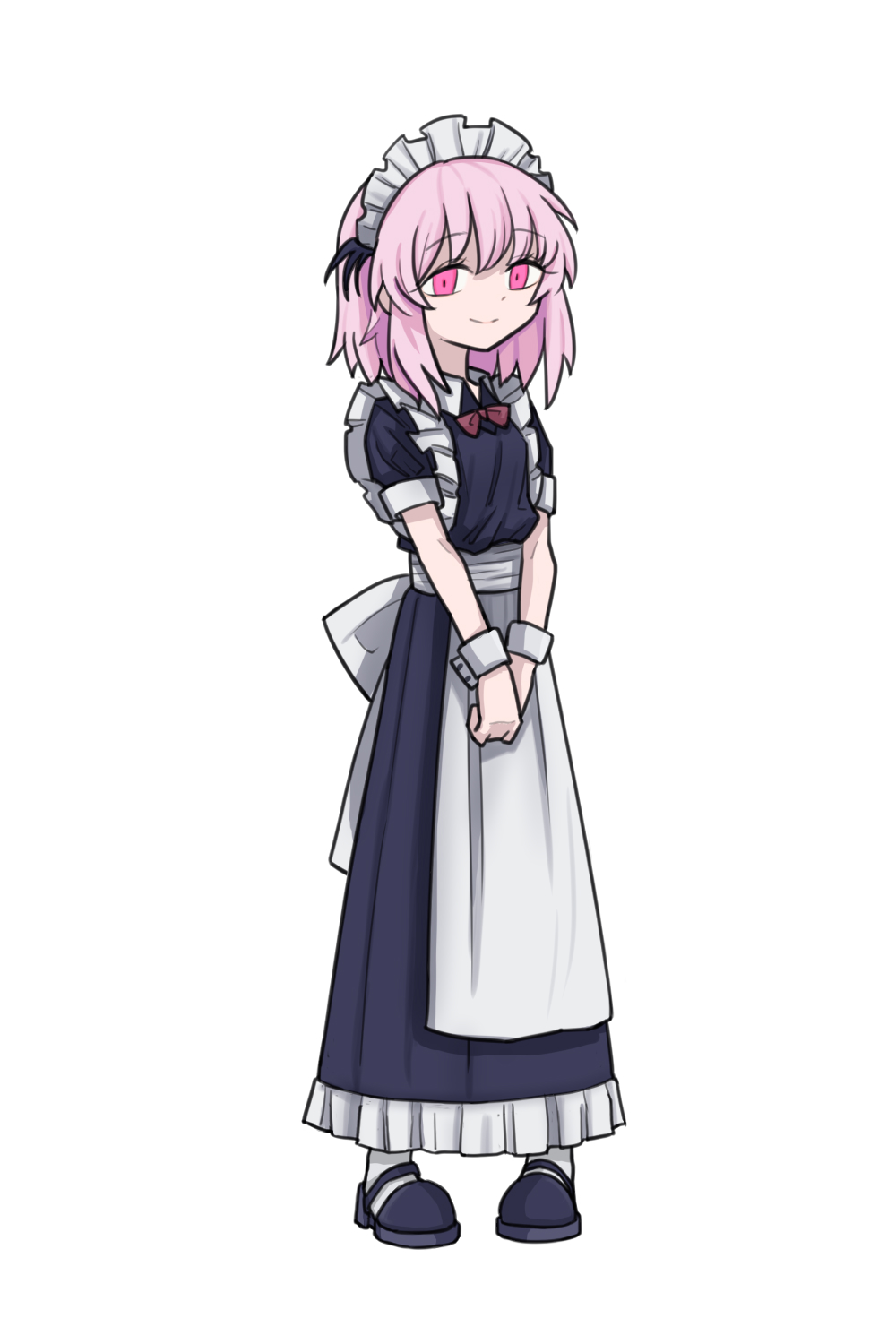 1girl apron black_dress black_footwear black_souls bow bowtie closed_mouth dress full_body head_wings highres looking_at_viewer maid maid_apron maid_headdress medium_hair pink_eyes pink_hair puffy_short_sleeves puffy_sleeves rabbit_king red_bow red_bowtie shoes short_sleeves sidelocks simple_background smile solo victoria_(black_souls) white_apron white_background wings wrist_cuffs