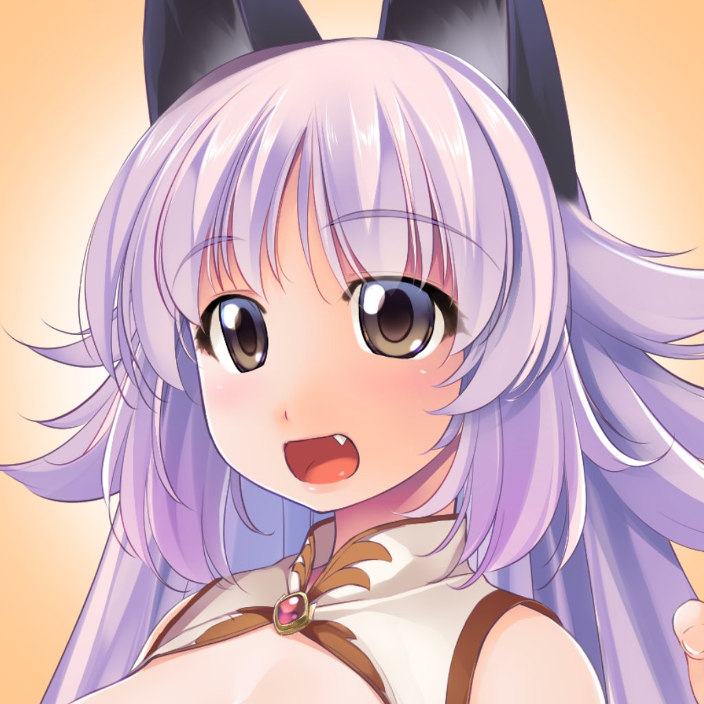 1girl animal_ears atelier-moo bare_shoulders breasts brown_eyes fang large_breasts long_hair mana_(our_battle_has_just_begun!) open_mouth our_battle_has_just_begun! portrait purple_hair simple_background smile solo very_long_hair wolf_ears wolf_girl