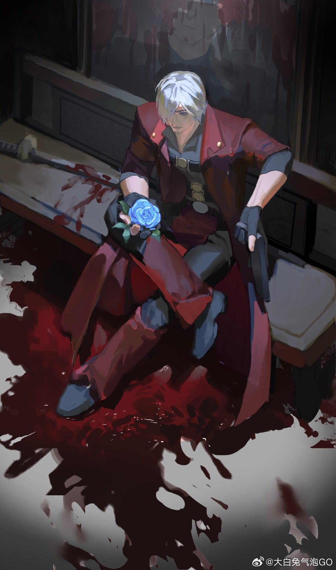 1boy belt black_gloves blood blood_on_ground blue_eyes blue_flower blue_rose boots closed_mouth coat dante_(devil_may_cry) devil_may_cry_(series) devil_may_cry_4 ebony_&amp;_ivory facial_hair fingerless_gloves flower full_body gloves gun highres holding male_focus mature_male muscular muscular_male red_coat rose sitting smile solo sword upper_body weapon white_hair