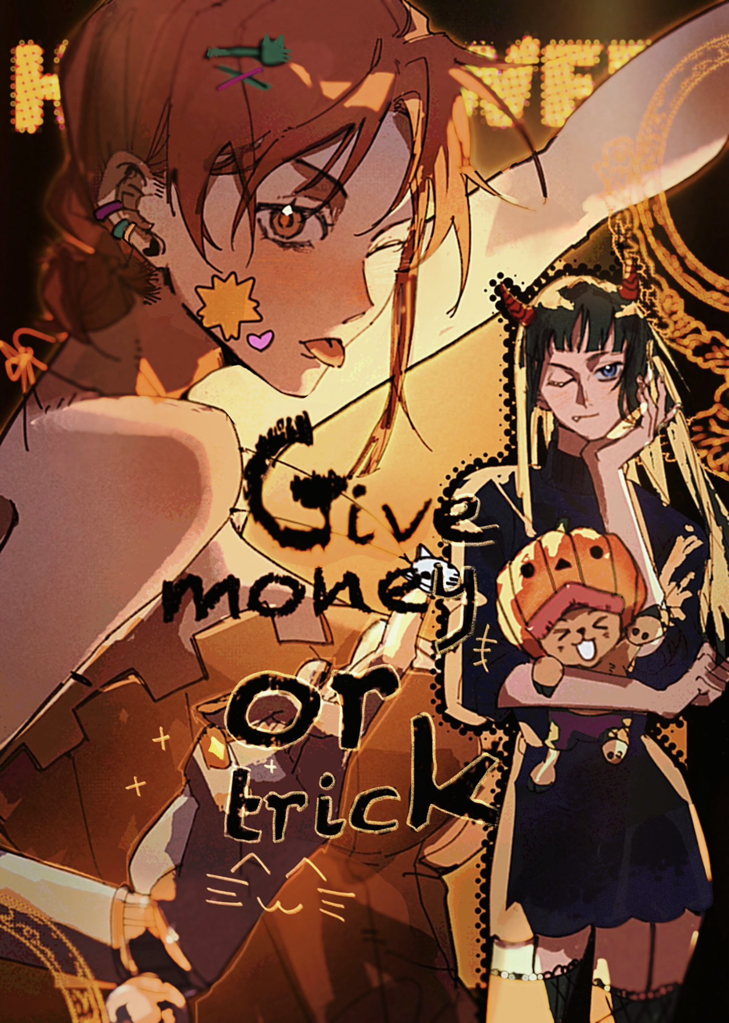 &gt;_&lt; 1boy 2girls black_dress black_hair blunt_bangs carrying commentary dress fangs hand_on_own_face highres horns long_hair looking_at_viewer multiple_girls nami_(one_piece) nico_robin one_eye_closed one_piece onecata11 orange_dress orange_eyes orange_hair orange_nails orange_theme profile pumpkin red_horns short_dress thigh-highs tony_tony_chopper