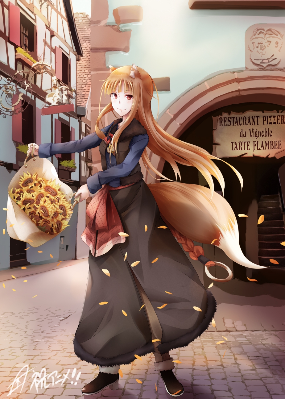 1girl animal_ears bag black_skirt black_vest blue_shirt brown_hair closed_mouth flower fudo_shin fur-trimmed_sleeves fur-trimmed_vest fur_trim highres holding holding_bag holo long_hair long_skirt long_sleeves looking_at_viewer outdoors red_eyes road shirt signature skirt solo spice_and_wolf standing stone_floor street sunflower tail vest wolf_ears wolf_girl wolf_tail
