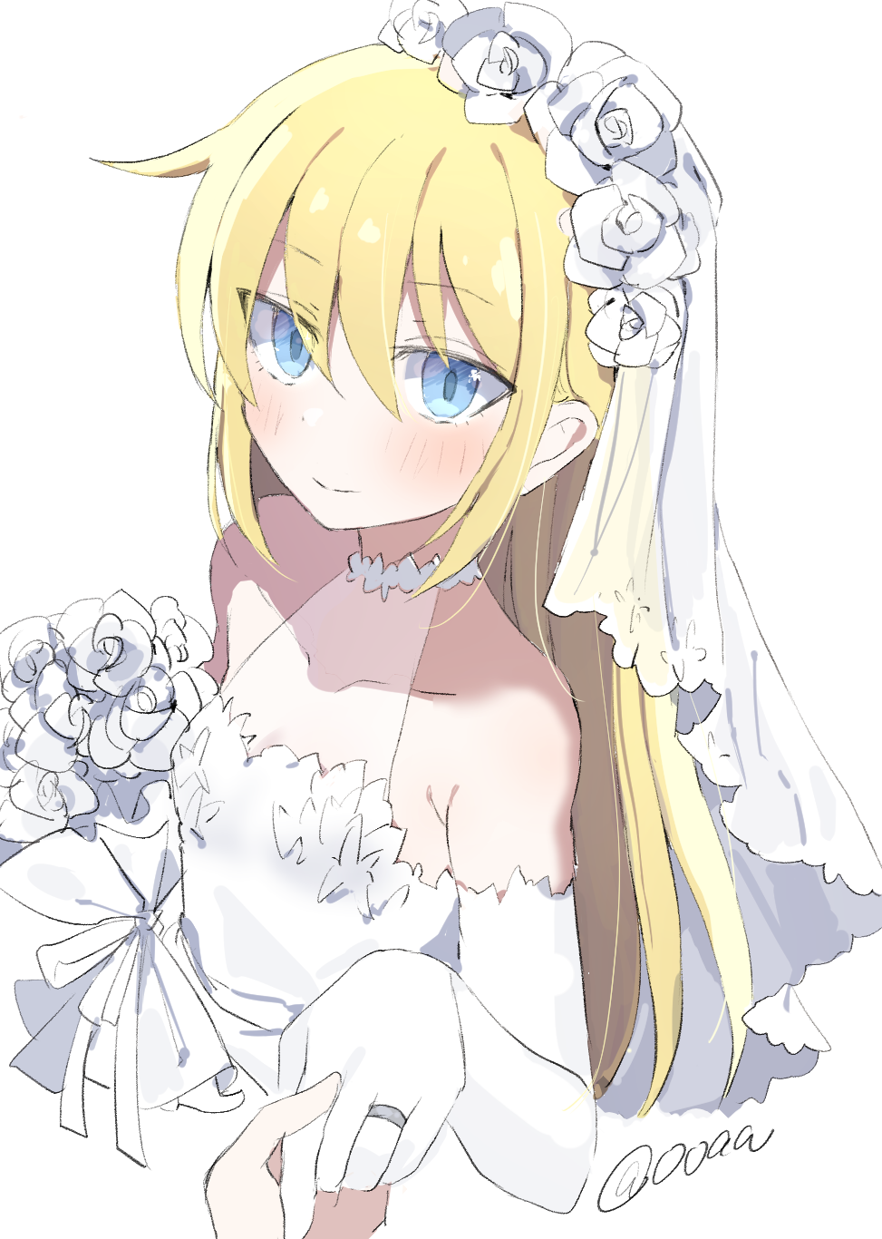 1girl bare_shoulders blonde_hair blue_eyes blush bouquet bridal_veil bride collarbone commentary_request cropped_torso dress elbow_gloves gloves highres holding holding_bouquet holding_hands hyphen_(samplelog) kill_me_baby long_hair looking_at_viewer pov simple_background sleeveless sleeveless_dress smile solo sonya_(kill_me_baby) upper_body veil white_background white_dress white_gloves