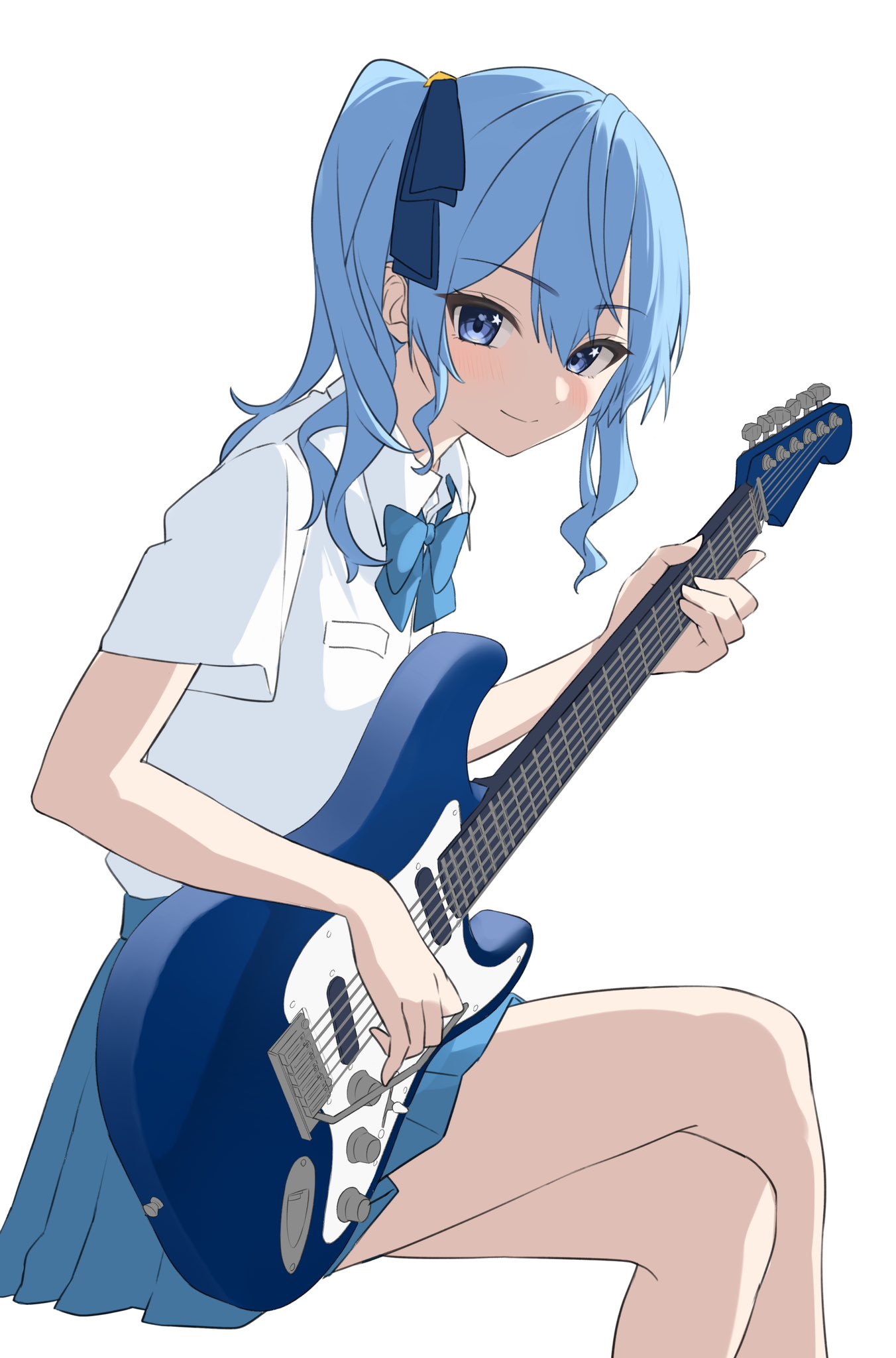1girl alternate_costume blue_bow blue_bowtie blue_eyes blue_hair blue_ribbon blue_skirt bow bowtie collared_shirt commentary_request guitar hair_between_eyes hair_ribbon high_side_ponytail highres holding holding_guitar holding_instrument hololive hoshimachi_suisei instrument looking_at_viewer miniskirt nisi_ki_no ribbon shirt short_sleeves sidelocks simple_background skirt smile solo star_(symbol) star_in_eye symbol_in_eye thigh-highs virtual_youtuber white_background white_shirt