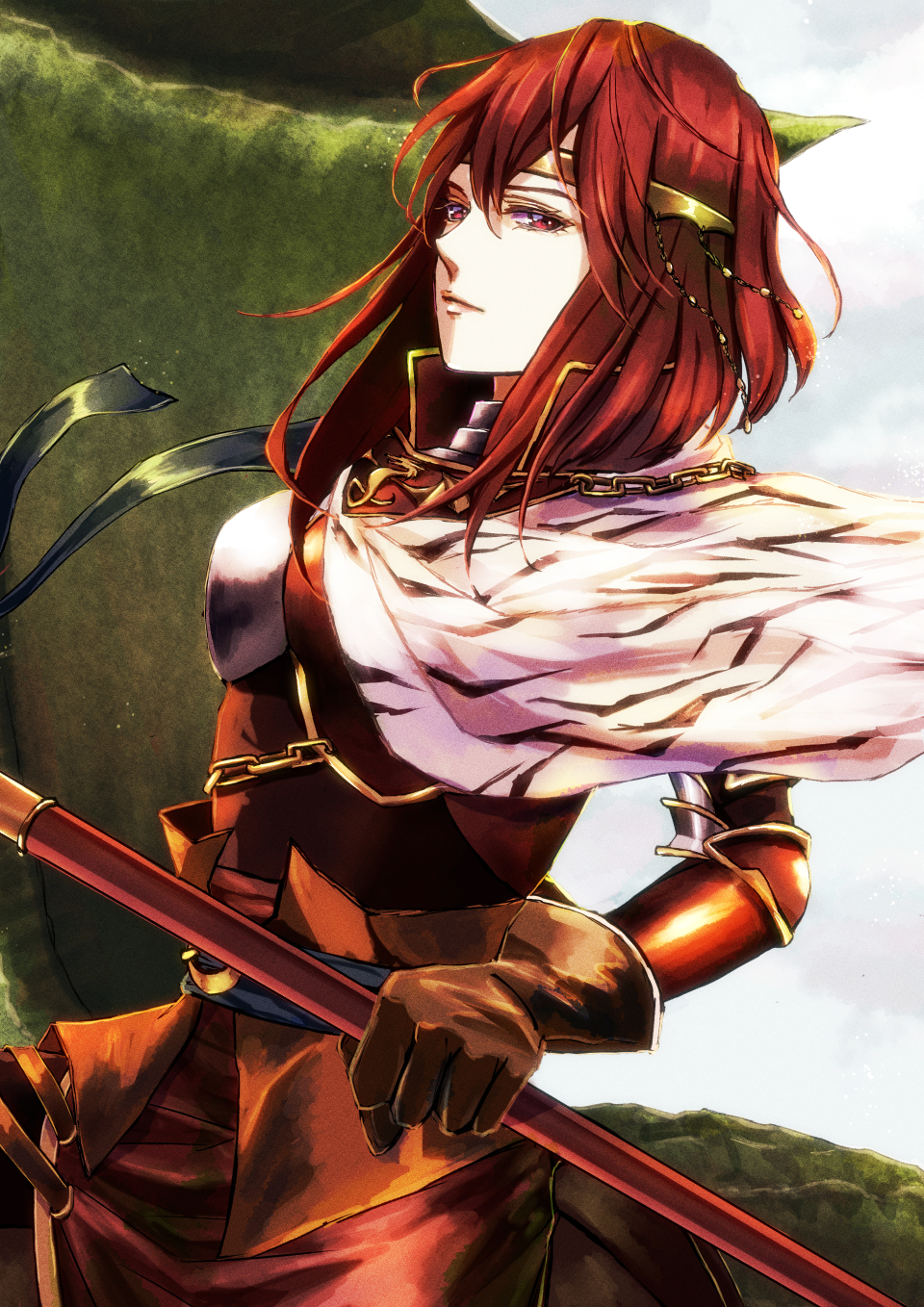 1girl armor circlet closed_mouth cowboy_shot dragon fire_emblem fire_emblem:_mystery_of_the_emblem gloves highres holding holding_polearm holding_weapon looking_at_viewer minerva_(fire_emblem) polearm red_eyes redhead short_hair solo weapon wyvern yori_ilrosso