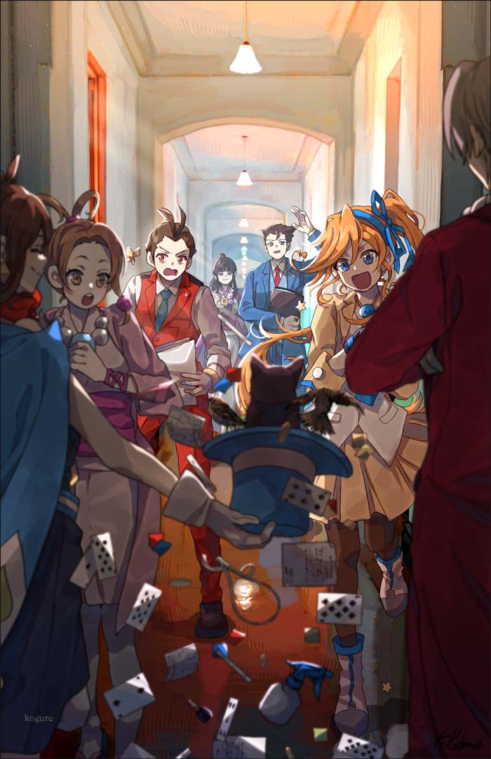 1nwe9 3boys 4girls :d :o ace_attorney ace_attorney_investigations antenna_hair apollo_justice apollo_justice:_ace_attorney athena_cykes black_hair blue_cape blue_necktie blue_ribbon blue_suit bottle brown_eyes brown_hair cape card cat hair_rings hallway hat indoors long_hair maya_fey miles_edgeworth multiple_boys multiple_girls necktie orange_hair pearl_fey phoenix_wright playing_card red_necktie red_suit red_vest ribbon skirt smile spray_bottle suit trucy_wright unworn_hat unworn_headwear vest yellow_skirt