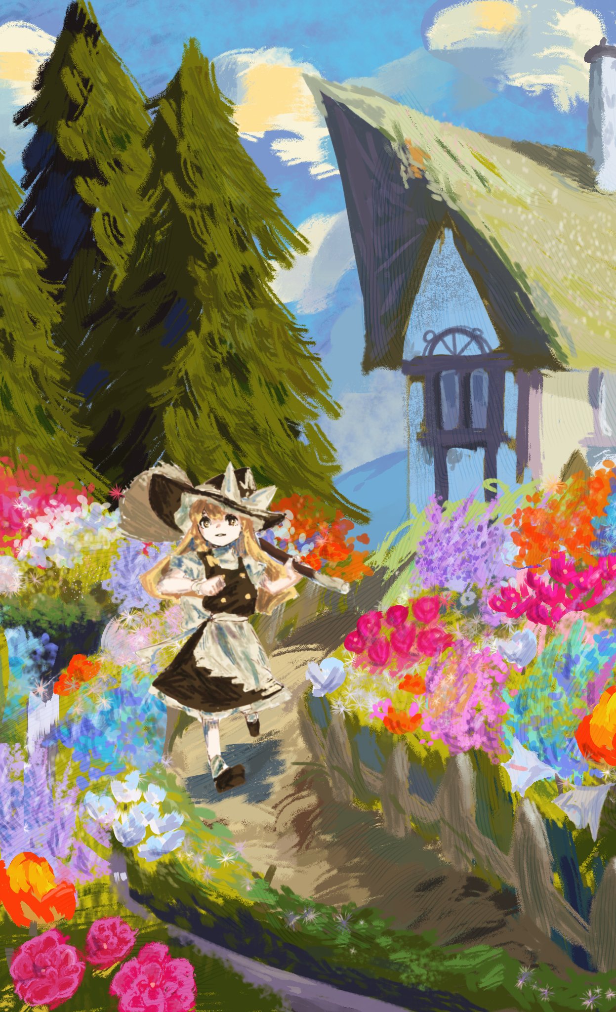 1girl aojirozame1228 apron black_footwear black_hat black_skirt black_vest blonde_hair blue_sky bow braid chimney clouds day fence flower frills full_body garden grass hair_bow hat hat_bow highres house kirisame_marisa long_hair looking_at_viewer mary_janes outdoors painterly parted_lips pine_tree pink_flower puffy_short_sleeves puffy_sleeves shirt shoes short_sleeves single_braid skirt sky smile socks solo standing touhou tree vest waist_apron walking white_apron white_bow white_shirt white_socks witch_hat yellow_eyes