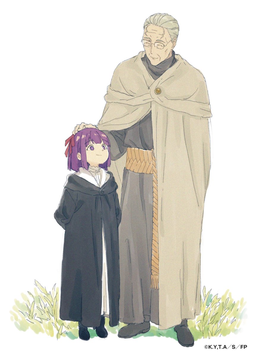 1boy 1girl age_difference aged_down aged_up arms_behind_back belt black_cloak black_footwear bob_cut boots bright_pupils brown_belt brown_cloak brown_robe cloak closed_mouth commentary copyright_notice dress fern_(sousou_no_frieren) full_body glasses grass grey_hair hair_ribbon hair_slicked_back hand_on_another's_head headpat height_difference heiter highres light_smile looking_at_another looking_down looking_up official_art old old_man promotional_art purple_hair raised_eyebrows rectangular_eyewear red_ribbon ribbon robe shinashina short_hair sousou_no_frieren standing white_background white_dress wrinkled_skin
