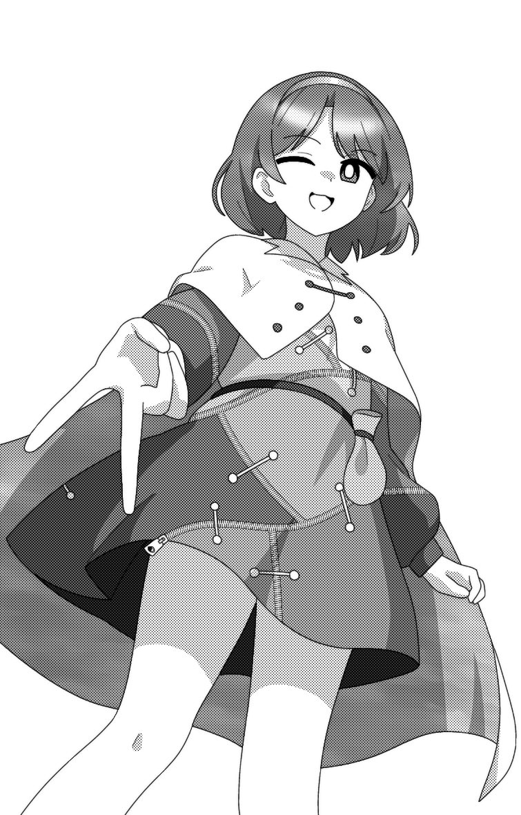 1girl ;d cape commentary_request dress greyscale hairband long_sleeves looking_at_viewer monochrome one_eye_closed onkn_sxkn open_mouth short_hair simple_background smile solo tenkyuu_chimata touhou zipper