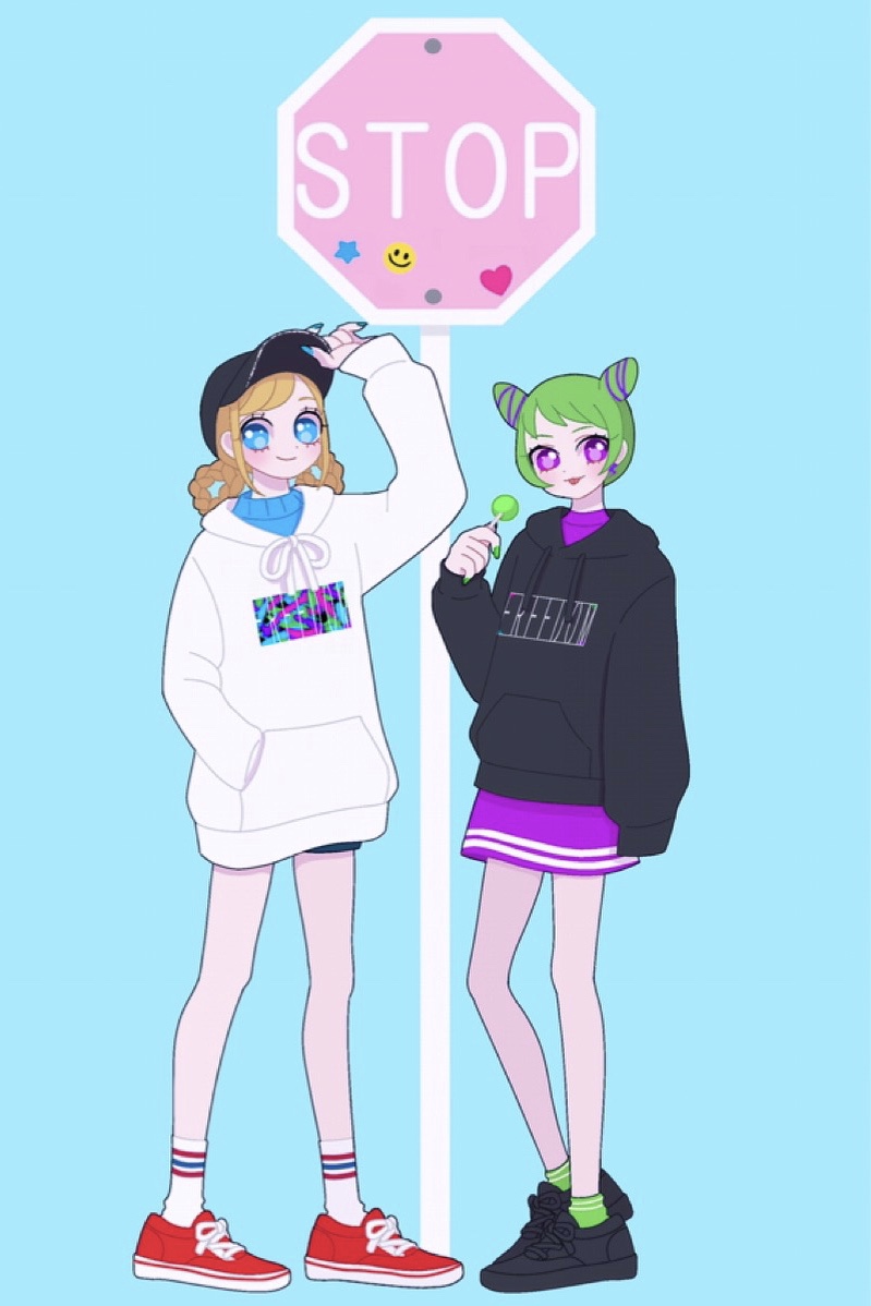 2girls arm_up baseball_cap black_hat black_hoodie blonde_hair blue_background blue_eyes candy cone_hair_bun double_bun dress food fukuhara_ann full_body green_hair hair_bun hand_in_pocket hand_on_headwear hand_up hat holding holding_candy holding_food holding_lollipop hood hood_down hoodie lollipop long_sleeves looking_at_viewer morizono_wakana multiple_girls nyaasechan open_mouth pretty_rhythm pretty_rhythm_rainbow_live pretty_series purple_dress red_footwear road_sign shoes short_hair sign smile sneakers socks standing stop_sign violet_eyes white_hoodie
