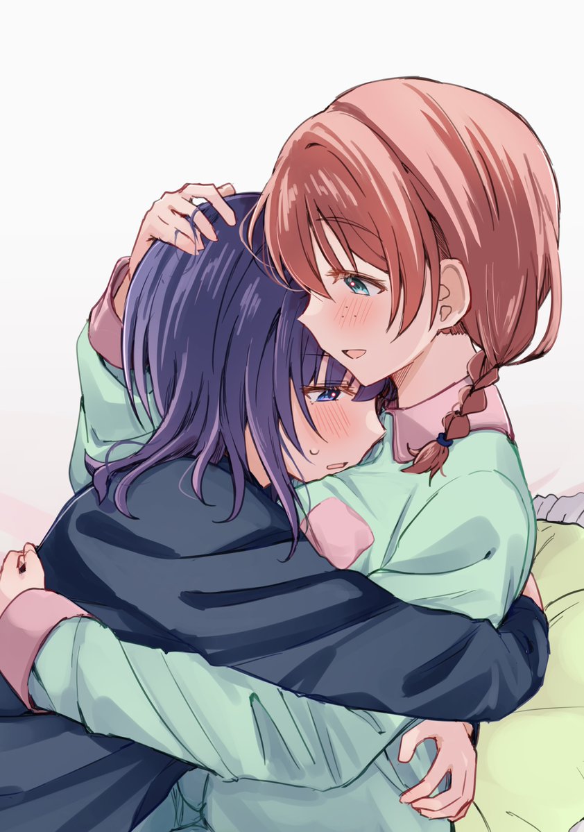 2girls asaka_karin blue_eyes blue_hair blue_pajamas blunt_bangs blush braid commentary_request e_atkenedm emma_verde freckles green_pajamas hand_on_another's_back hand_on_another's_head hug long_sleeves looking_at_another love_live! love_live!_nijigasaki_high_school_idol_club medium_hair multiple_girls open_mouth pajamas pillow redhead sidelocks sweat twin_braids upper_body white_background yuri