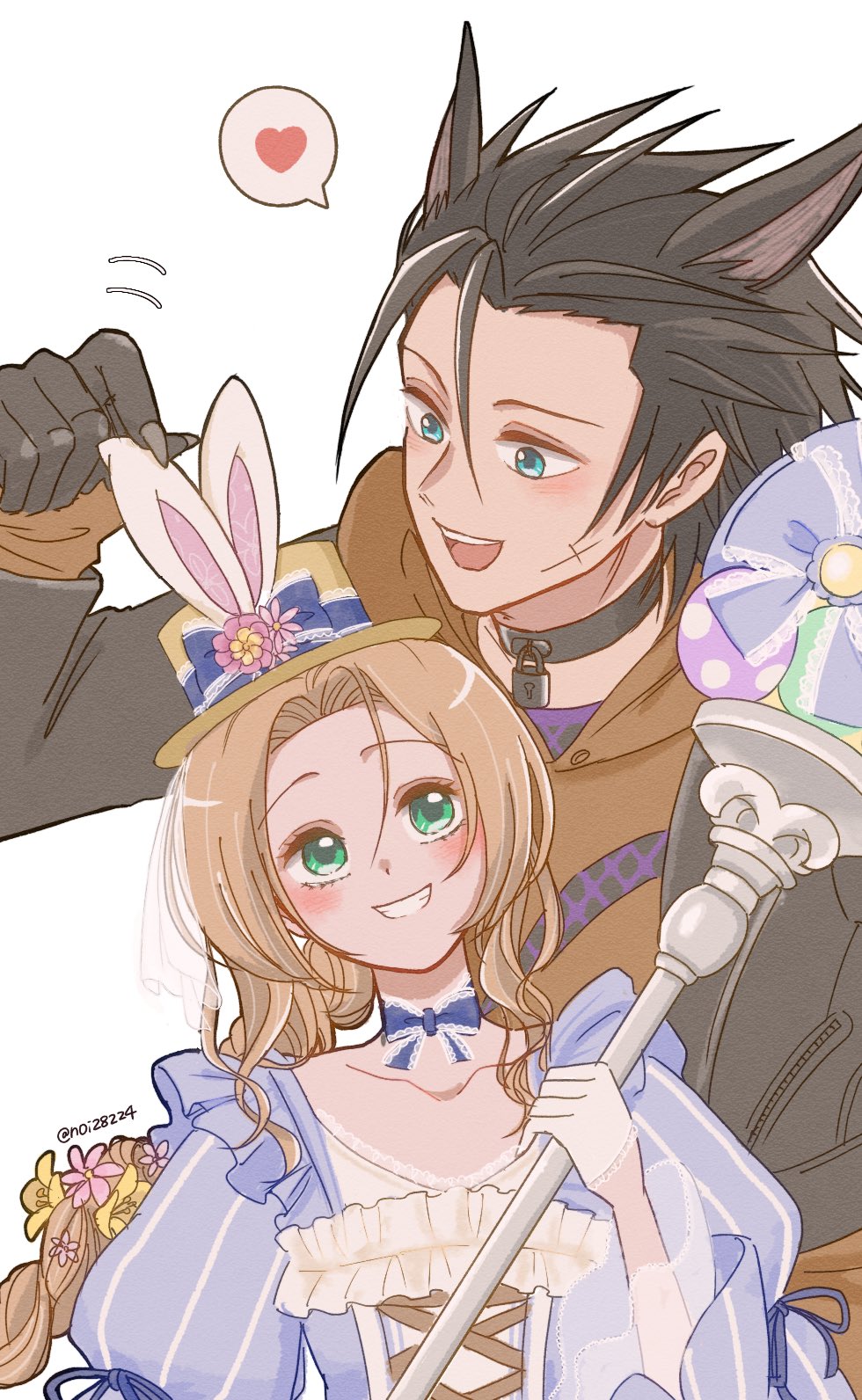 1boy 1girl aerith_gainsborough aerith_gainsborough_(classic_coney) animal_ears black_choker black_gloves black_hair black_jacket blue_dress blue_eyes blue_ribbon blush braid braided_ponytail brown_hair choker collarbone couple cross_scar dress easter easter_egg egg final_fantasy final_fantasy_vii final_fantasy_vii_ever_crisis flower gloves green_eyes grin hair_flower hair_ornament hair_slicked_back halloween_costume hat heart height_difference highres holding holding_staff hood hood_down hoodie jacket long_hair long_sleeves looking_at_another noi official_alternate_costume open_clothes open_jacket open_mouth orange_hoodie parted_bangs puffy_sleeves rabbit_ears ribbon ribbon_choker scar scar_on_cheek scar_on_face simple_background smile spiky_hair spoken_heart staff teeth twitter_username upper_body upper_teeth_only white_background white_gloves wolf_ears zack_fair zack_fair_(black_hound)