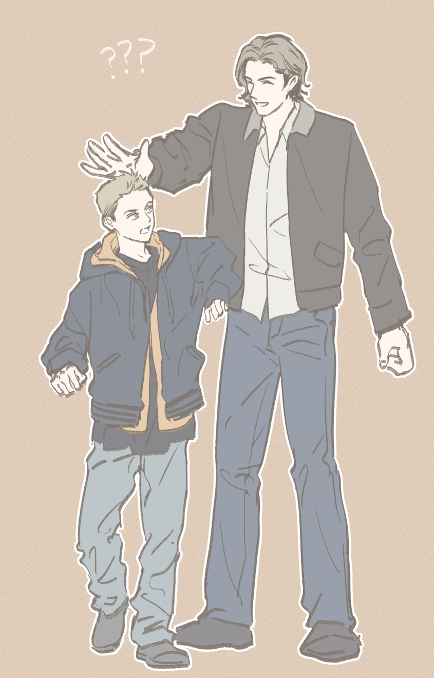 2boys ? ?? aged_down blonde_hair brothers brown_hair closed_eyes dean_winchester full_body green_eyes height_difference highres male_focus multiple_boys sam_winchester short_hair siblings simple_background smile supernatural_(tv_series) tripleace333