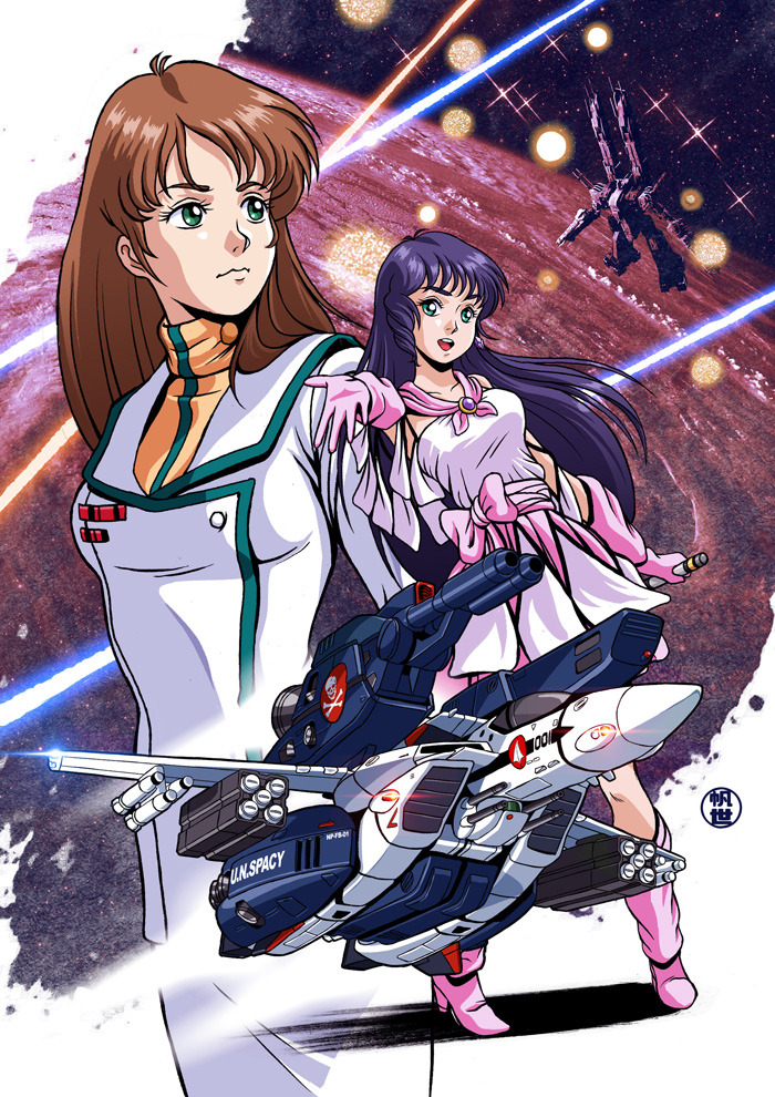 2girls battle clouds dress earth_(planet) energy_beam energy_cannon english_commentary explosion gloves hayase_misa in_orbit light lynn_minmay macross macross:_do_you_remember_love? mecha military military_uniform missile missile_pod multiple_girls music noise-wave planet post-apocalypse robot roundel sdf-1 signature singing space spacecraft spoilers starry_background storm_attacker u.n._spacy uniform variable_fighter vf-1 vf-1_strike vf-1s