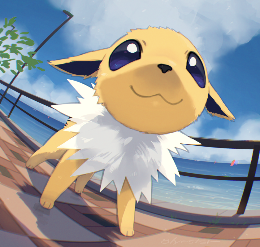:3 blue_eyes blue_sky clouds commentary day english_commentary fence fisheye jolteon lamppost looking_at_viewer mountainous_horizon nagasaki_wonderful no_humans ocean outdoors pokemon pokemon_(creature) sky tree yellow_fur