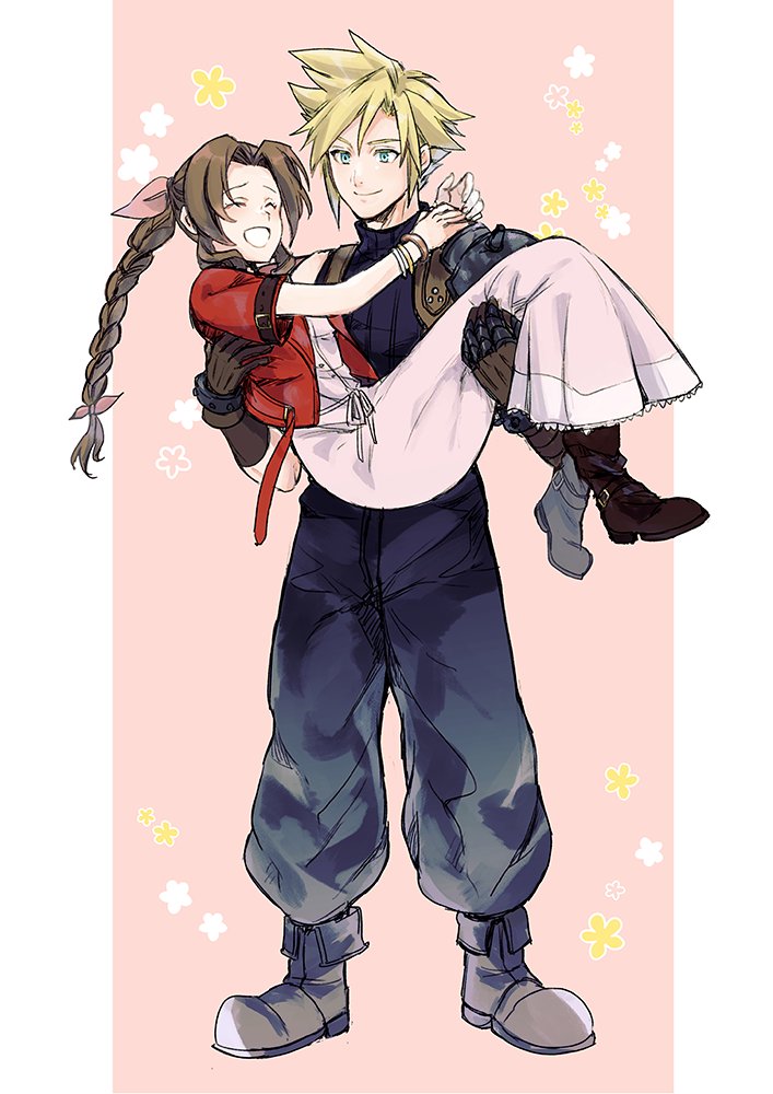 1boy 1girl 22j_10 aerith_gainsborough armor arms_around_neck baggy_pants bangle blonde_hair blue_eyes blue_pants blue_shirt blush boots bracelet braid braided_ponytail brown_gloves brown_hair carrying closed_eyes closed_mouth cloud_strife couple cropped_jacket dress final_fantasy final_fantasy_vii final_fantasy_vii_rebirth final_fantasy_vii_remake flower full_body gloves hair_ribbon hetero jacket jewelry long_dress long_hair looking_at_another open_mouth pants parted_bangs pillarboxed pink_background pink_dress pink_ribbon princess_carry red_jacket ribbon shirt short_hair short_sleeves shoulder_armor sidelocks single_bare_shoulder single_braid single_shoulder_pad sleeveless sleeveless_turtleneck smile spiky_hair suspenders turtleneck