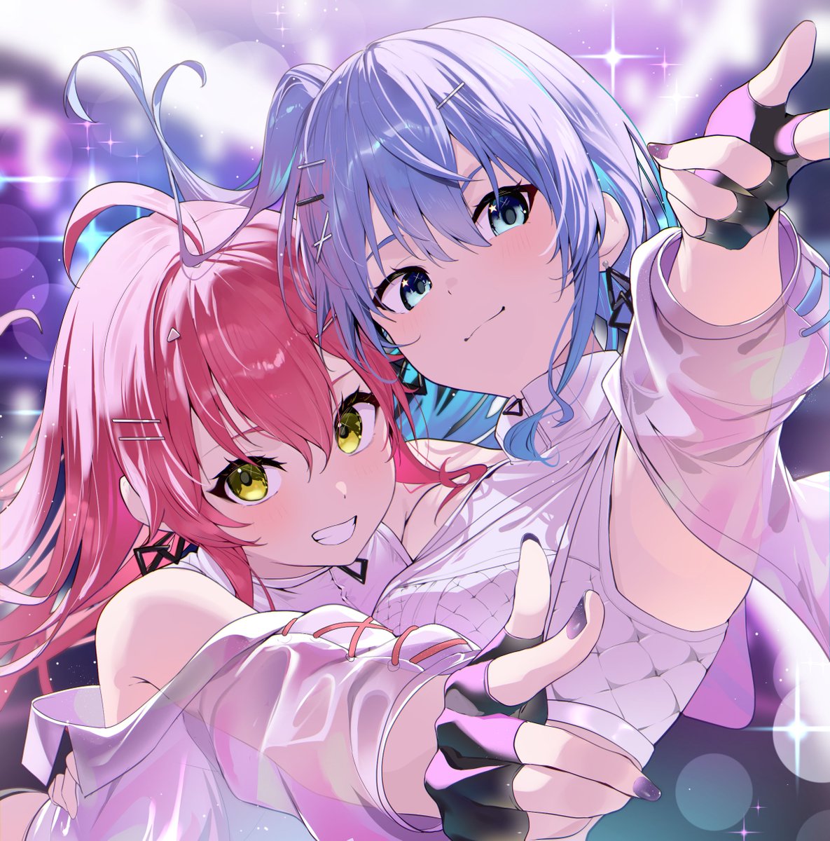 2girls ahoge arm_around_back asymmetrical_hair black_gloves blue_eyes blue_hair blurry blurry_background blush bokeh breasts closed_mouth commentary crop_top depth_of_field fingerless_gloves gloves grin hair_ornament hairclip highres hololive hoshimachi_suisei jacket light_blue_hair long_hair looking_at_viewer multiple_girls nail_polish off_shoulder official_alternate_costume panda_0035 pink_hair purple_nails reaching reaching_towards_viewer sakura_miko see-through see-through_shirt side-by-side side_ponytail small_breasts smile sparkle star_(symbol) star_in_eye sugar_rush_(hololive) symbol_in_eye turtleneck upper_body virtual_youtuber white_jacket x_hair_ornament yellow_eyes