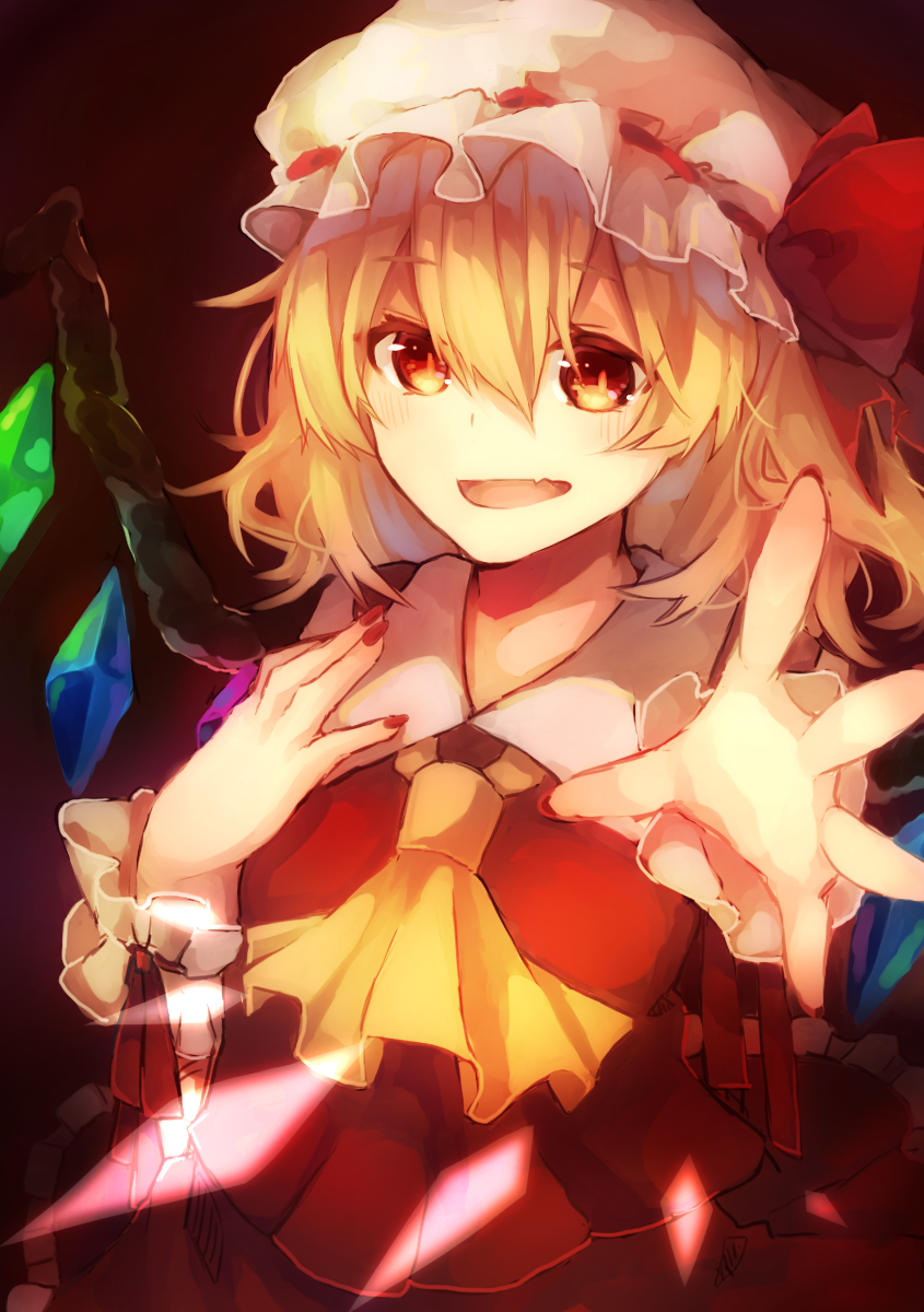 1girl ascot blonde_hair collared_shirt crystal fang flandre_scarlet frilled_skirt frills hair_between_eyes hat highres kuroba_(kuroba_00) looking_at_viewer medium_hair mob_cap multicolored_wings nail_polish one_side_up open_mouth outstretched_arm outstretched_hand red_background red_eyes red_nails red_ribbon red_skirt red_vest ribbon ribbon-trimmed_headwear ribbon_trim shirt simple_background skin_fang skirt solo touhou upper_body vest wings wrist_cuffs yellow_ascot