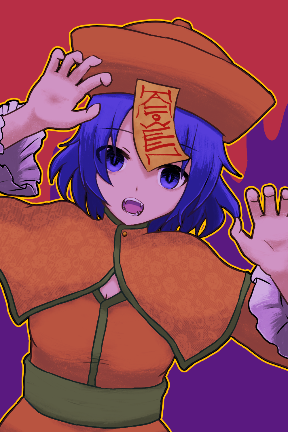 1girl 9no1girl alternate_costume capelet commentary_request dress frilled_sleeves frills hat highres jiangshi long_sleeves looking_at_viewer miyako_yoshika ofuda open_mouth orange_capelet orange_dress orange_hat purple_hair qingdai_guanmao red_background short_hair solo teeth textless_version touhou upper_body violet_eyes