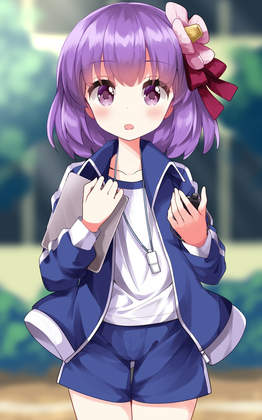 1girl alternate_costume blue_jacket blue_shorts blush clipboard collarbone commentary_request flower gym_shorts gym_uniform hair_flower hair_ornament hieda_no_akyuu highres holding holding_clipboard jacket outdoors parted_lips purple_hair ruu_(tksymkw) short_hair shorts solo standing stopwatch touhou violet_eyes whistle whistle_around_neck