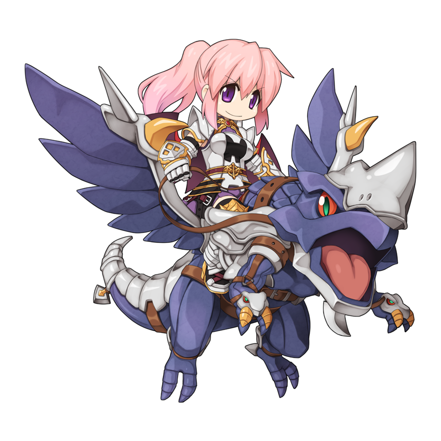1girl armor armored_boots barding black_gloves black_thighhighs boots breastplate breasts cape chibi closed_mouth cross dragon dragon_knight_(ragnarok_online) dragon_riding full_body gauntlets gloves hair_between_eyes looking_at_viewer medium_bangs miniskirt official_art pauldrons pink_hair ponytail purple_shirt purple_skirt ragnarok_online red_cape reins riding shirt shoulder_armor simple_background skirt smile solo tabard thigh-highs transparent_background v-shaped_eyebrows violet_eyes yuichirou