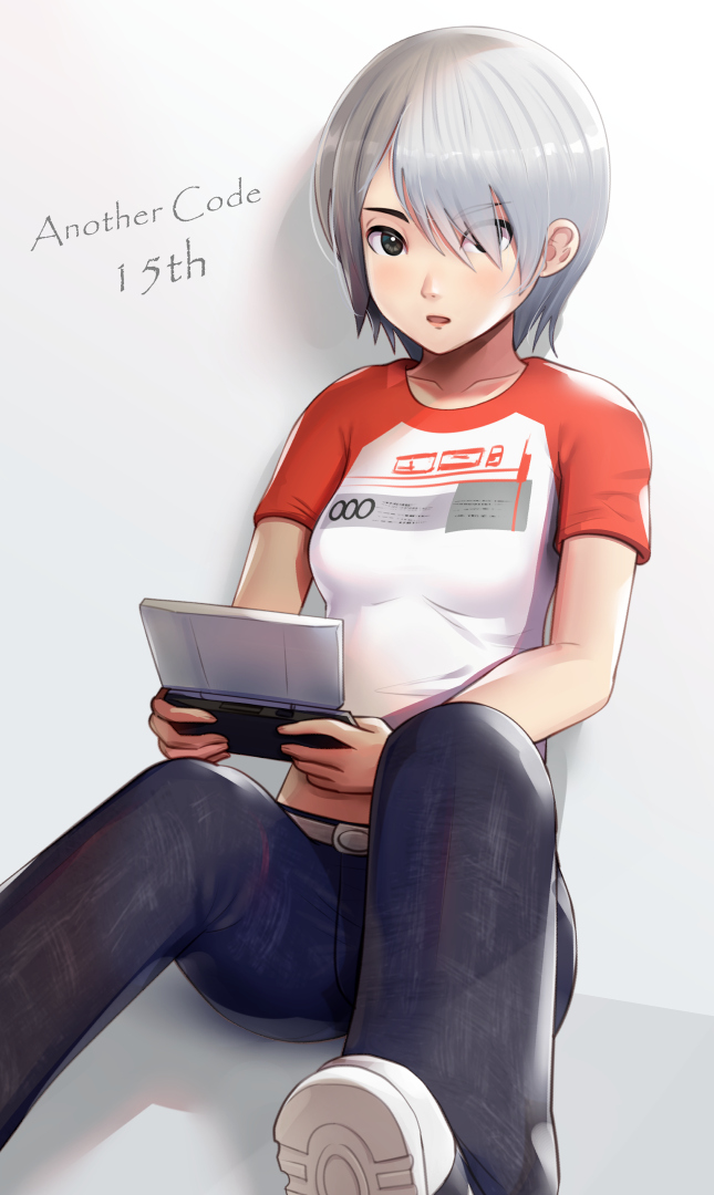1girl anniversary another_code another_code_recollection ashley_mizuki_robbins belt blush denim duplicate gonzarez grey_eyes handheld_game_console holding jeans looking_at_viewer nintendo nintendo_ds open_mouth pants shirt shoes short_hair simple_background sitting white_hair