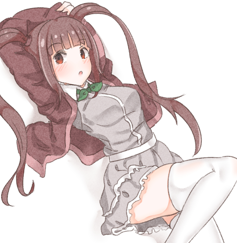 1girl aa211108 arm_over_head arms_up blunt_bangs blush bow bowtie breasts brown_hair brown_shirt collar collared_shirt frilled_skirt frills green_bow green_bowtie grey_shirt hair_tie idolmaster idolmaster_million_live! idolmaster_million_live!_theater_days large_breasts leg_up long_hair looking_at_viewer looking_to_the_side lying matsuda_arisa on_back open_clothes open_shirt parted_lips shirt sidelocks simple_background skirt solo thigh-highs twintails very_long_hair white_background white_collar white_thighhighs zettai_ryouiki