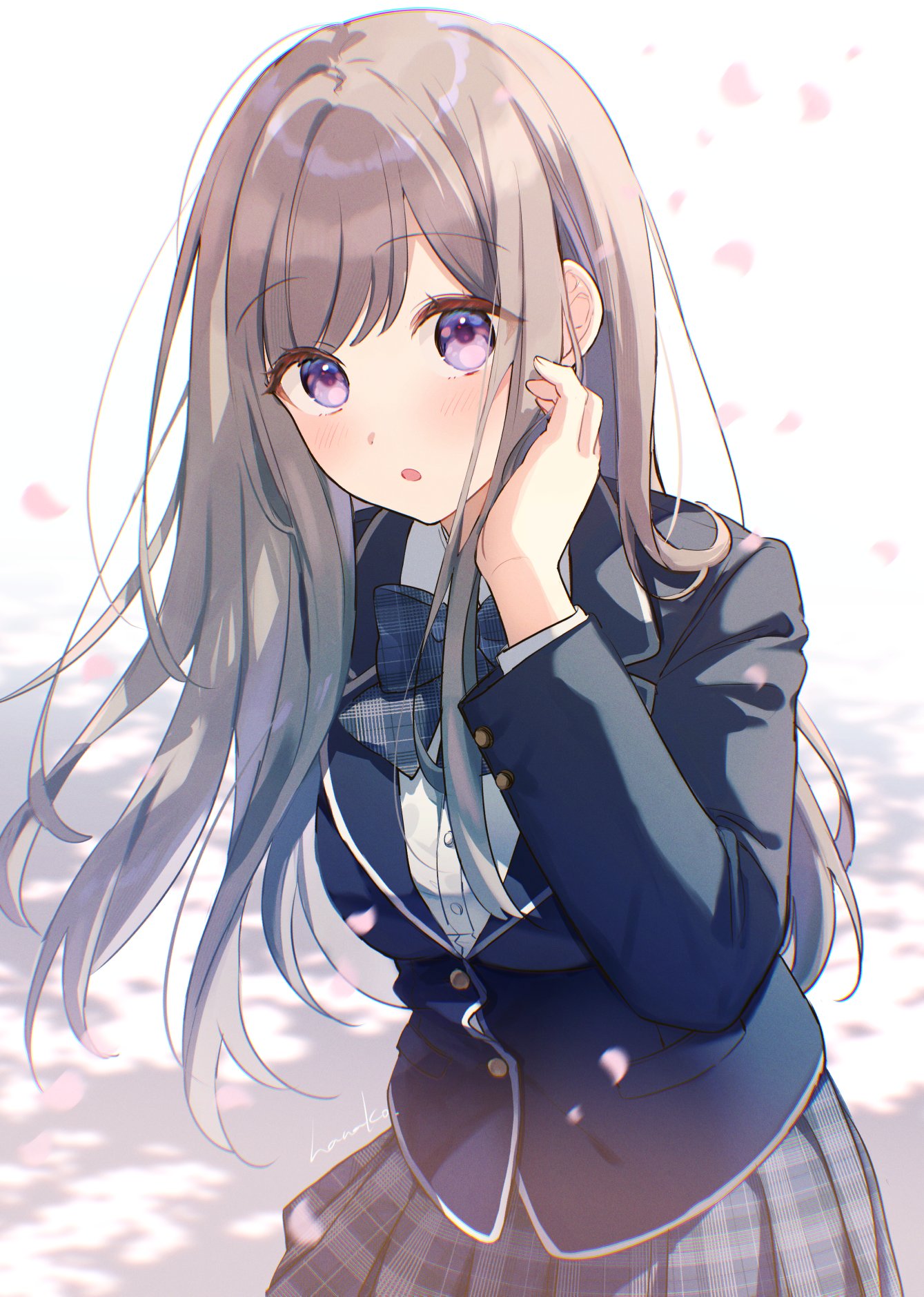 1girl :o arm_behind_back black_jacket blazer blurry blurry_background blush bow bowtie breasts brown_hair commentary_request depth_of_field dot_nose falling_petals grey_bow grey_bowtie grey_skirt hanako151 hand_in_own_hair hand_up highres jacket lapels large_breasts leaning_forward long_hair long_sleeves looking_at_viewer notched_lapels open_mouth original petals plaid plaid_bow plaid_bowtie plaid_skirt pleated_skirt raised_eyebrows school_uniform shirt sidelocks signature skirt solo surprised swept_bangs thick_eyelashes violet_eyes white_shirt
