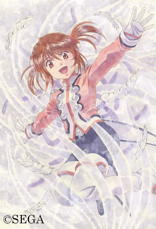 1girl :d belt black_pants boots brown_eyes brown_hair buttons child copyright_notice coquelicot_(sakura_taisen) double-breasted english_text feathers full_body gloves jacket jumping long_sleeves looking_at_viewer matsubara_hidenori military_uniform official_art open_mouth outstretched_arm outstretched_arms pants pink_jacket pink_sleeves sakura_taisen sakura_taisen_iii sega shadow short_hair short_twintails simple_background smile solo solo_focus spread_arms tailcoat thigh_boots traditional_media twintails two-sided_tailcoat two_side_up uniform white_footwear white_gloves