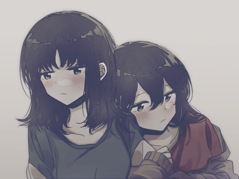2girls black_hair blunt_bangs blush breasts chinese_commentary closed_mouth collarbone commentary_request grey_background grey_shirt hair_between_eyes head_on_another's_shoulder hug inuko_(ink0425) long_hair long_sleeves looking_at_viewer medium_hair multiple_girls original red_shirt shirt simple_background small_breasts upper_body white_background yuri