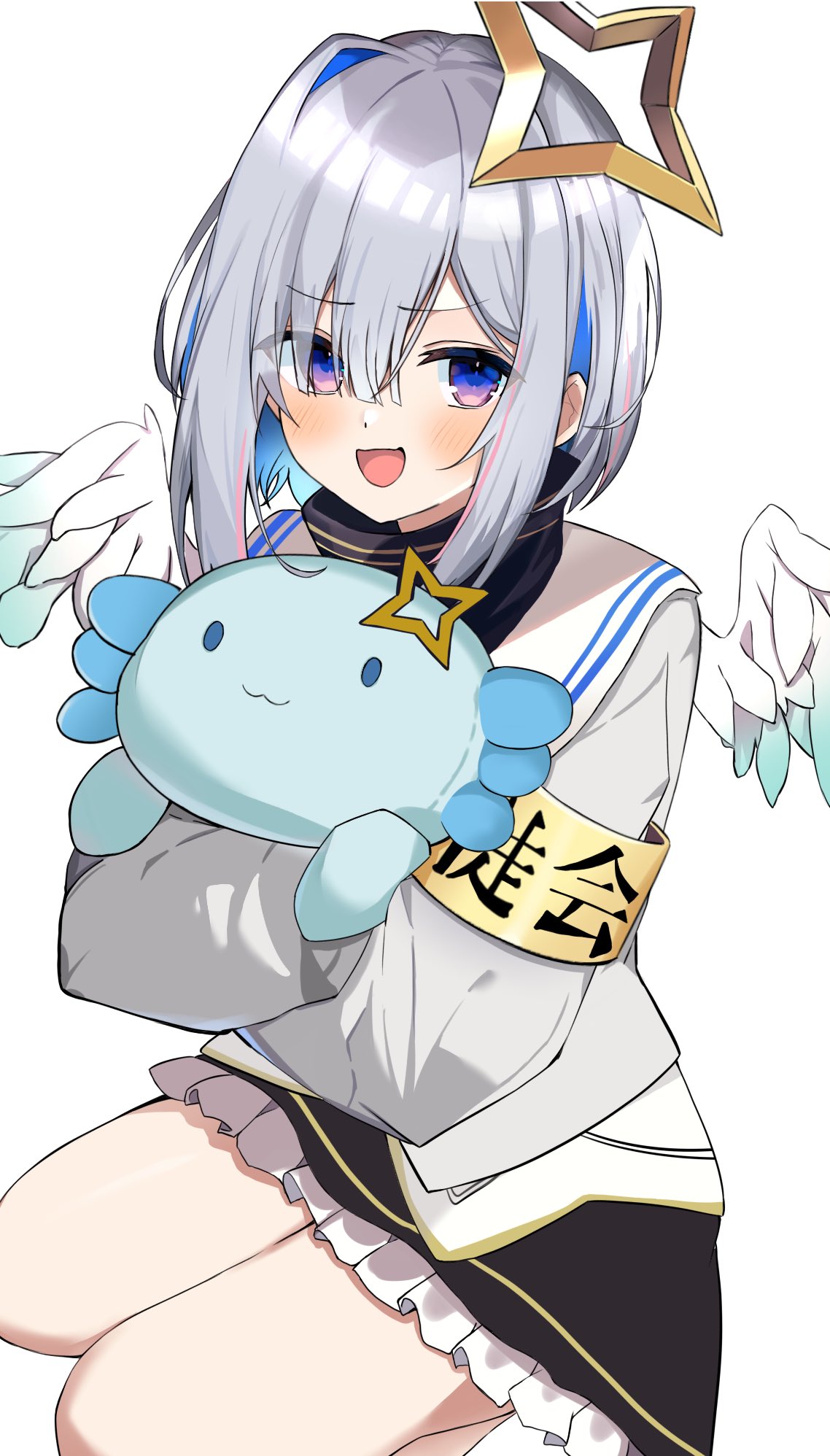 1girl :3 :d amane_kanata amane_kanata_(1st_costume) angel angel_wings animal animal_hug armband axolotl black_skirt blue_hair blue_wings blush bob_cut commentary feathered_wings frilled_skirt frills from_side furrowed_brow gradient_wings halo highres holding holding_animal hololive long_sleeves looking_at_viewer looking_to_the_side mini_wings multicolored_hair multicolored_wings open_mouth pink_hair punikasu sailor_collar school_uniform shirt short_hair sidelocks simple_background skirt smile solo squatting star_halo streaked_hair translated violet_eyes virtual_youtuber white_background white_hair white_sailor_collar white_shirt white_wings wings yellow_armband