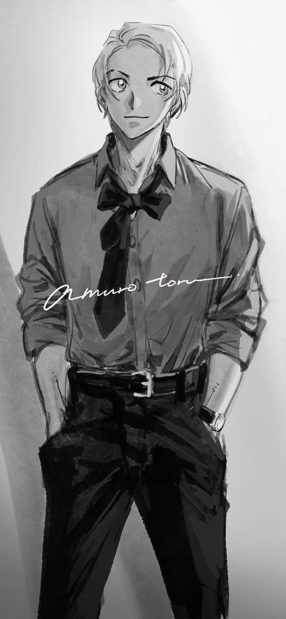 1boy amuro_tooru belt collared_shirt facing_viewer greyscale hands_in_pockets highres light_smile looking_to_the_side male_focus masso meitantei_conan monochrome necktie pants shirt short_hair sleeves_rolled_up solo watch watch