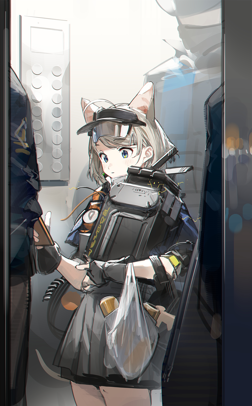 1girl 2others almond_(arknights) animal_ears arknights bag black_gloves blue_eyes blue_shirt blush can cat_ears cat_girl cat_tail computer computer_tower drink_can elevator fingerless_gloves gloves grey_hair grey_skirt grocery_bag highres holding holding_bag looking_down multiple_others shirt shopping_bag short_hair skirt solo_focus surprised tail visor_cap zhili_xingzou