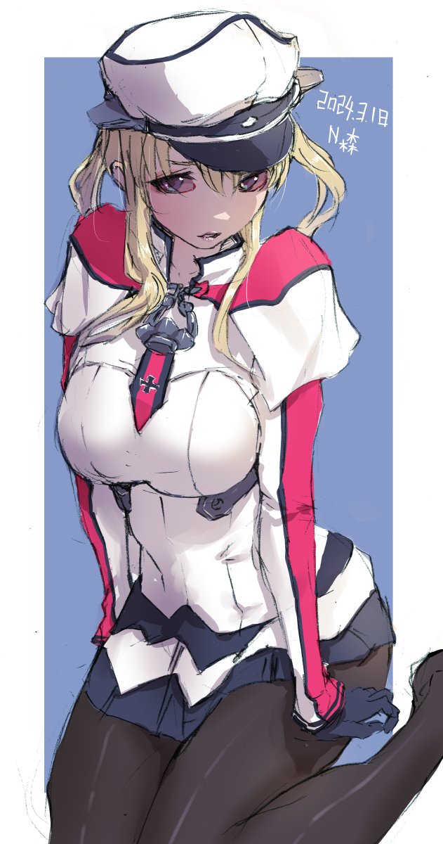 1girl artist_name black_gloves black_pantyhose black_skirt blonde_hair breasts cross dated gloves graf_zeppelin_(kancolle) grey_eyes hair_between_eyes hat highres iron_cross kantai_collection kneeling large_breasts long_hair military_hat military_uniform n-mori necktie one-hour_drawing_challenge pantyhose peaked_cap shirt sidelocks skirt solo twintails two-tone_capelet two-tone_necktie two-tone_shirt uniform white_hat white_shirt