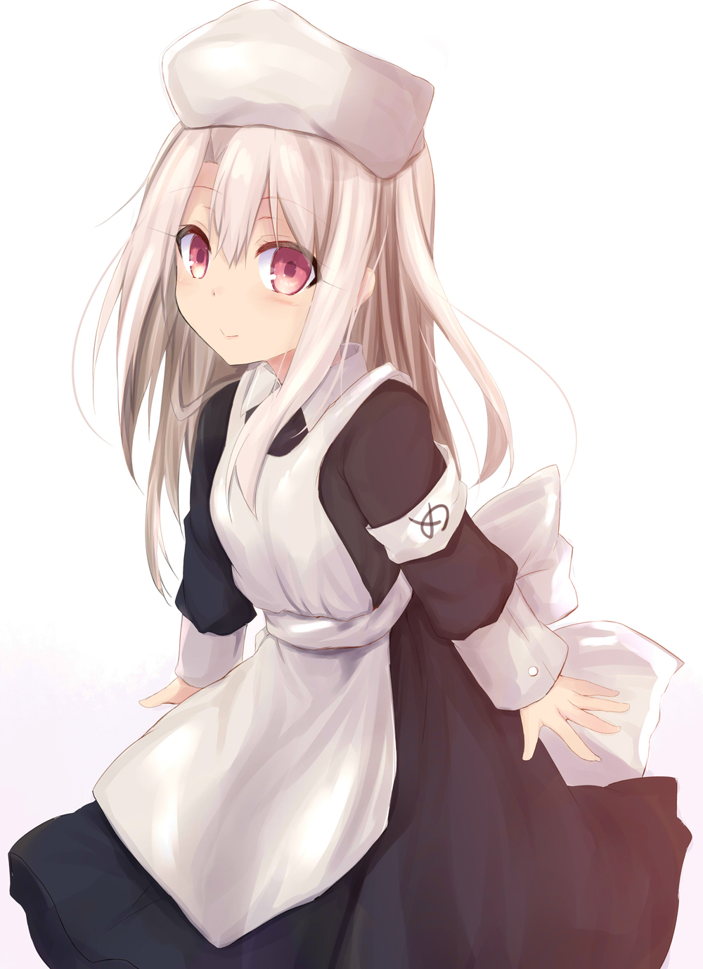 1girl apron black_dress blush breasts dress fate/kaleid_liner_prisma_illya fate_(series) hat highres illyasviel_von_einzbern long_hair looking_at_viewer maid red_eyes sen_(astronomy) sidelocks small_breasts smile solo white_apron white_hair white_hat